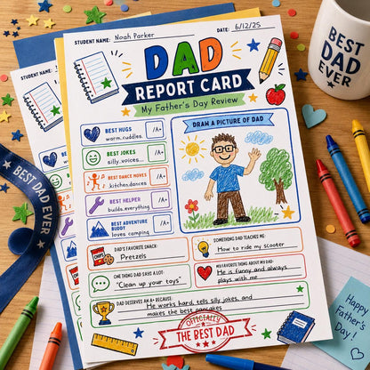 Dad Report Card Father's Day Worksheet — pencil and school supplies artwork in blue and green