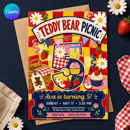 Daisy Teddy Bear Picnic 5th Birthday Invitation for Girls — editable Canva template