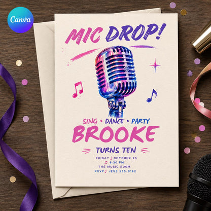 Dance Karaoke 10th Birthday Invitation — editable Canva template