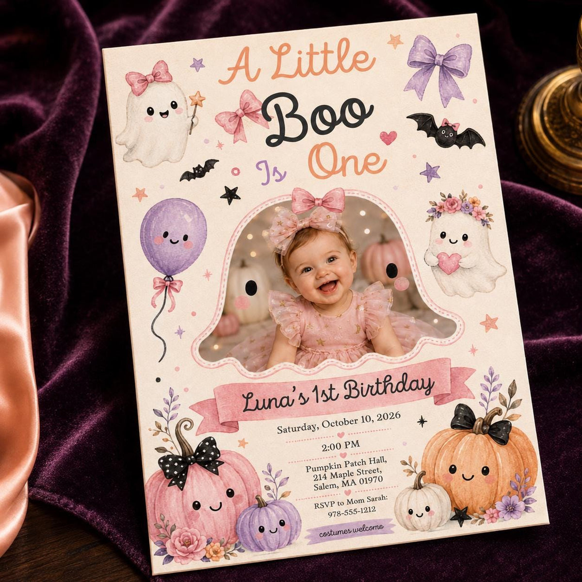 Halloween First Birthday Invitation – Little Boo Girl Photo Invite – Pastel Ghost Pumpkin Party