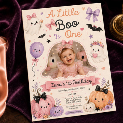 Halloween First Birthday Invitation – Little Boo Girl Photo Invite – Pastel Ghost Pumpkin Party