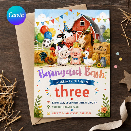Farm Animals 3rd Birthday Invitation – Barnyard Bash Party for Boys or Girls