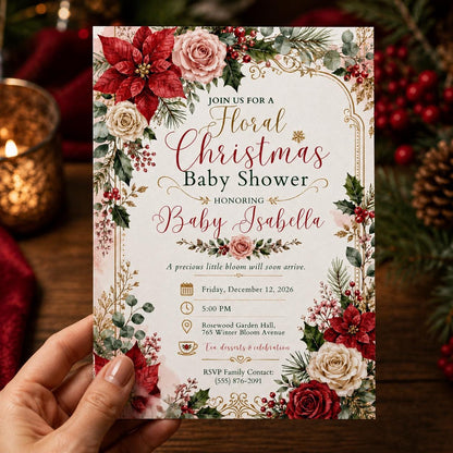 Floral Christmas Baby Shower Invitation – Winter Holiday Girl Baby Sprinkle