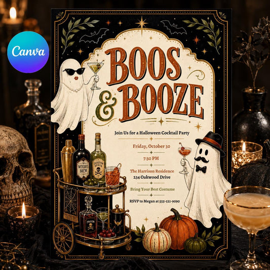 Ghost Halloween Cocktail Party Invitation — editable Canva template