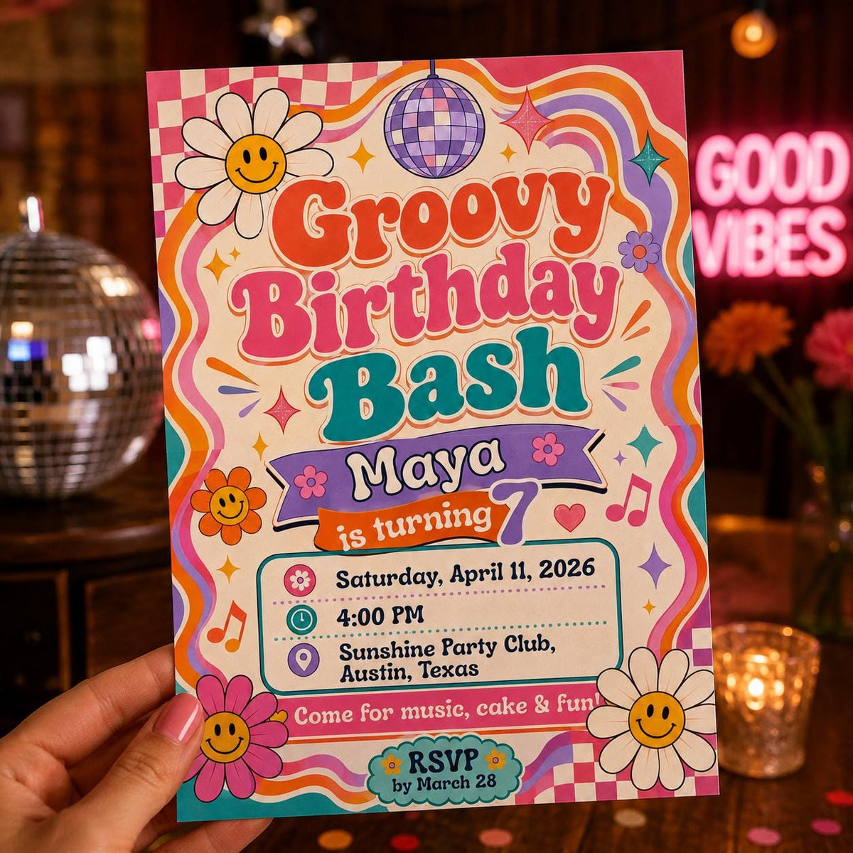 Groovy 7th Birthday Invitation – Retro Disco Girl Party