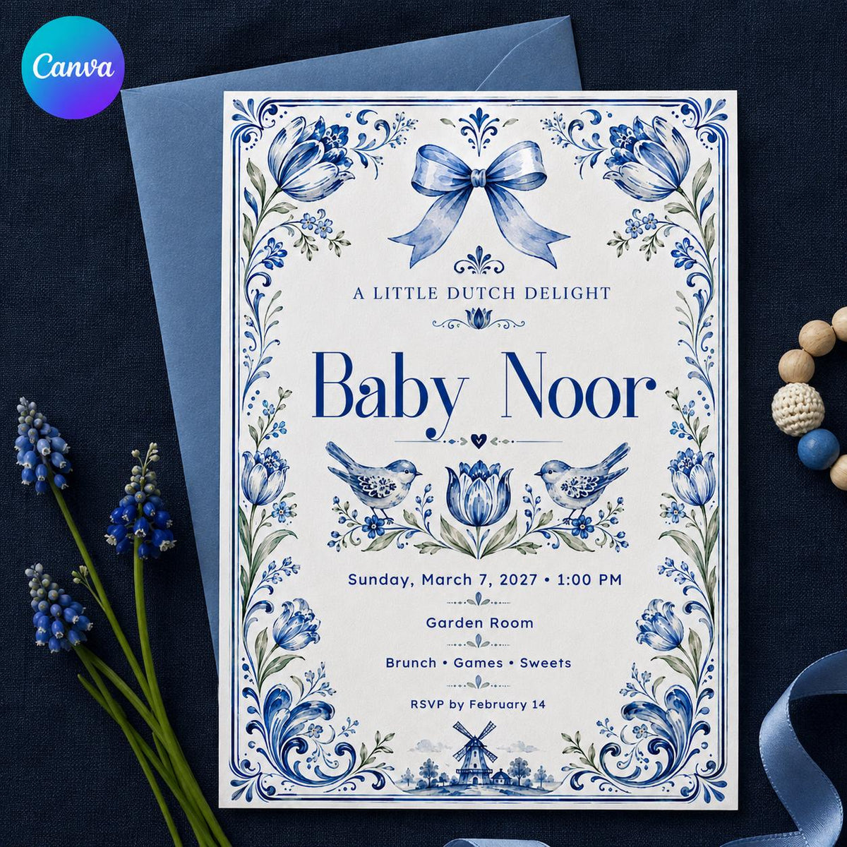 Delft Blue Floral Baby Shower Invitation — editable Canva template