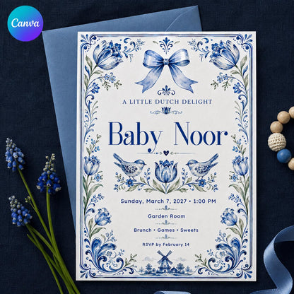 Delft Blue Floral Baby Shower Invitation — editable Canva template