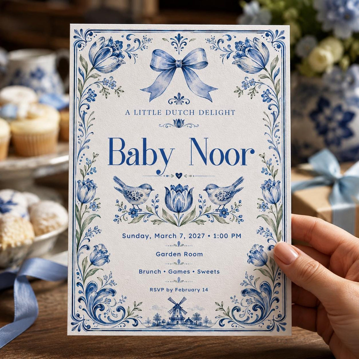 Delft Blue Floral Baby Shower Invitation — print-ready baby shower design from VoltBy