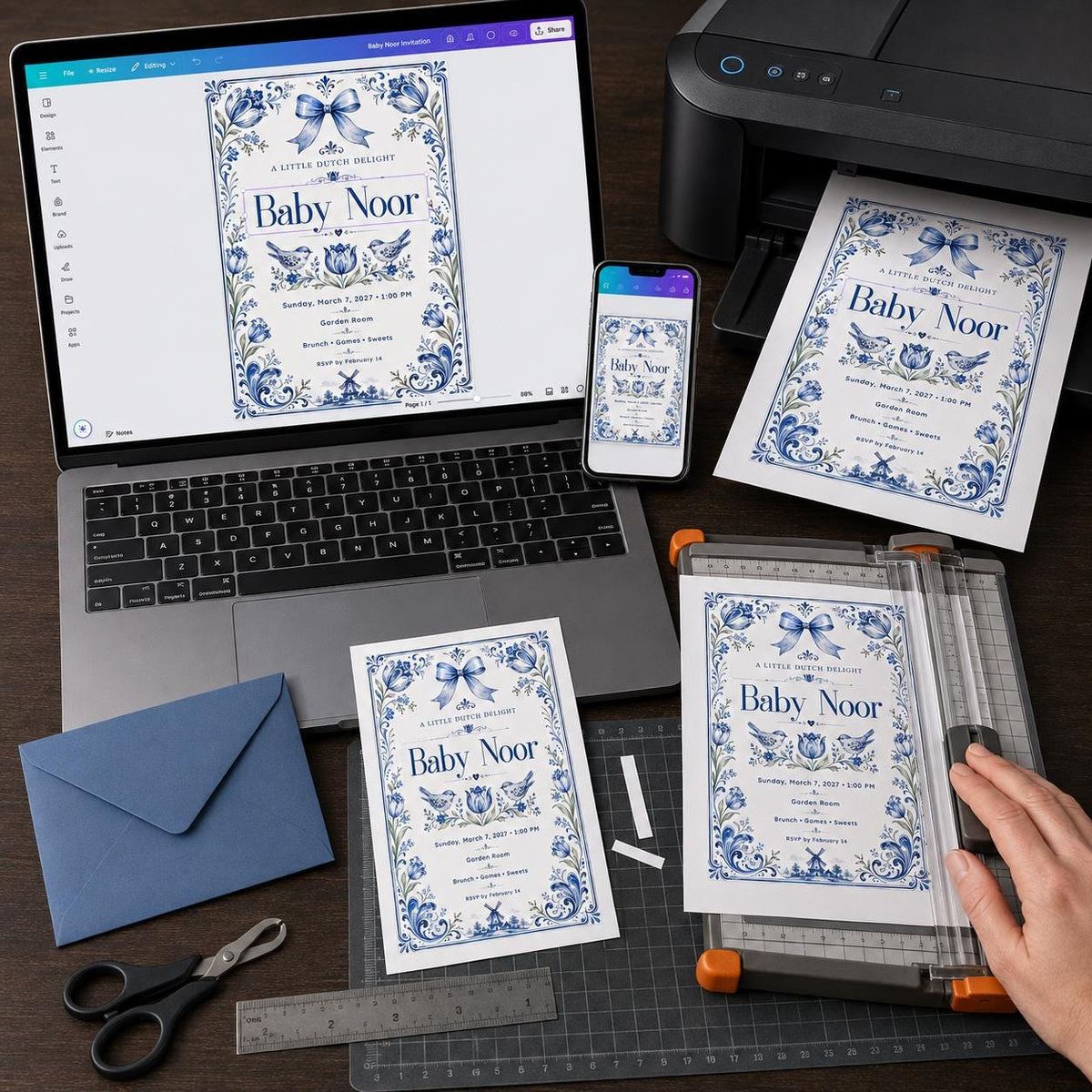 Delft Blue Floral Baby Shower Invitation — digital invitation, instant download