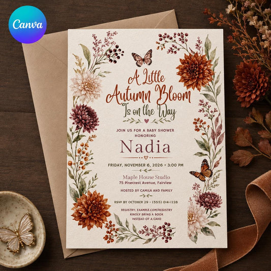 Fall Floral Baby Shower Invitation – Autumn Baby in Bloom Wildflower Butterfly