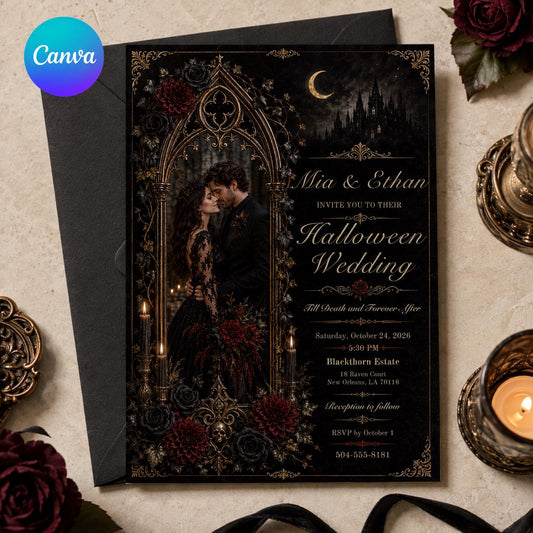 Gothic Halloween Wedding Invitation – Black Burgundy Photo Wedding Invite – Dark Romantic Halloween