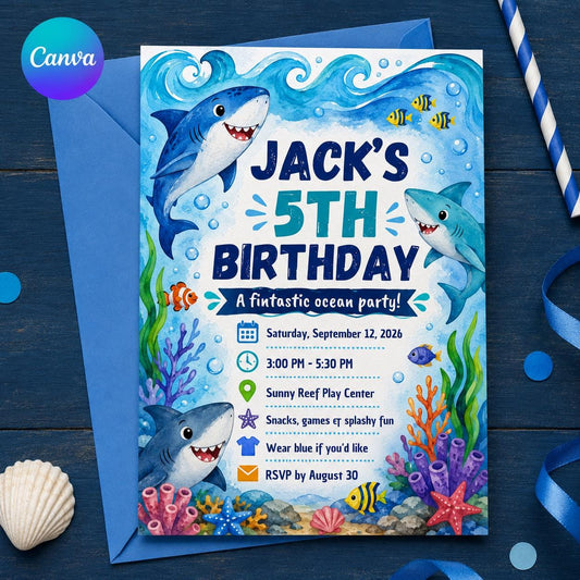 Shark 5th Birthday Invitation – Fintastic Ocean Party for Boys