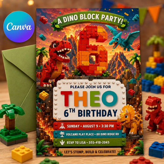 Dino Block Party 6th Birthday Invitation