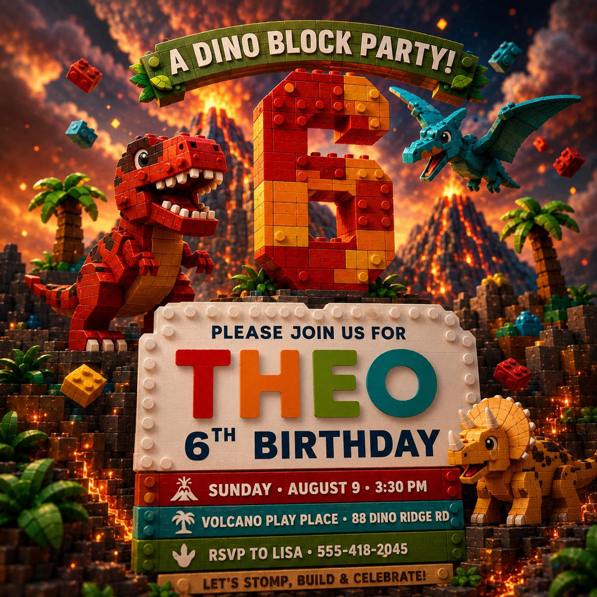 Dino Block Party 6th Birthday Invitation — building blocks and dinosaur design for a 6th birthday party