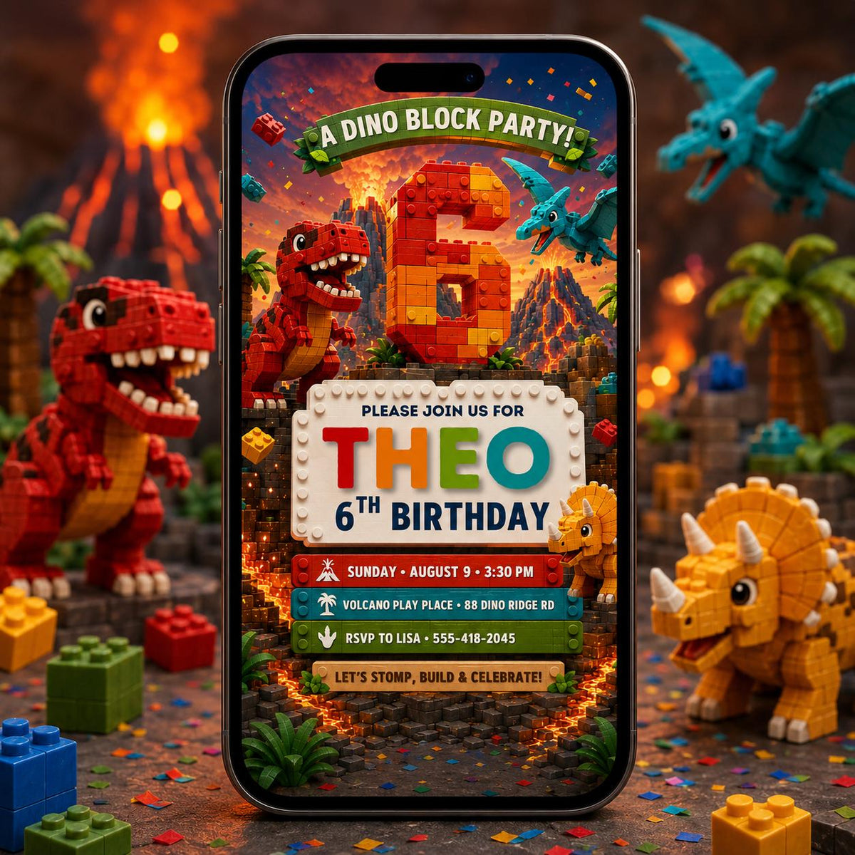 Dino Block Party 6th Birthday Invitation in red and green
