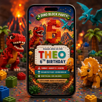 Dino Block Party 6th Birthday Invitation in red and green