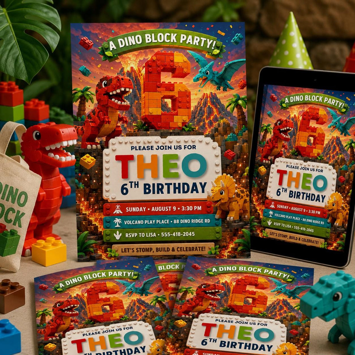Dino Block Party 6th Birthday Invitation — editable Canva template for a 6th birthday party