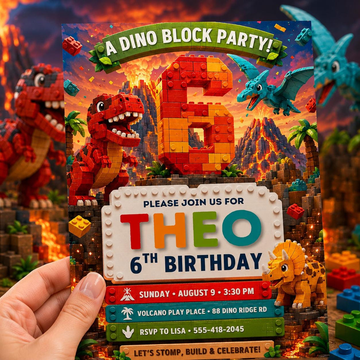 Dino Block Party 6th Birthday Invitation — printable invitation from VoltBy