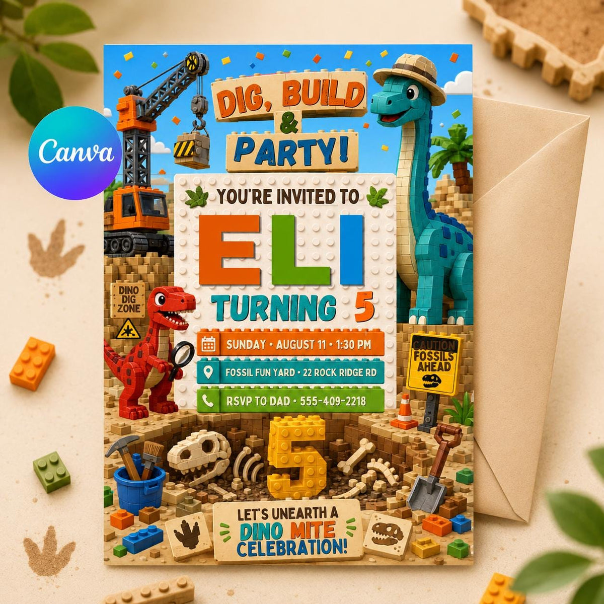 Dino Dig Building Block 5th Birthday Invitation