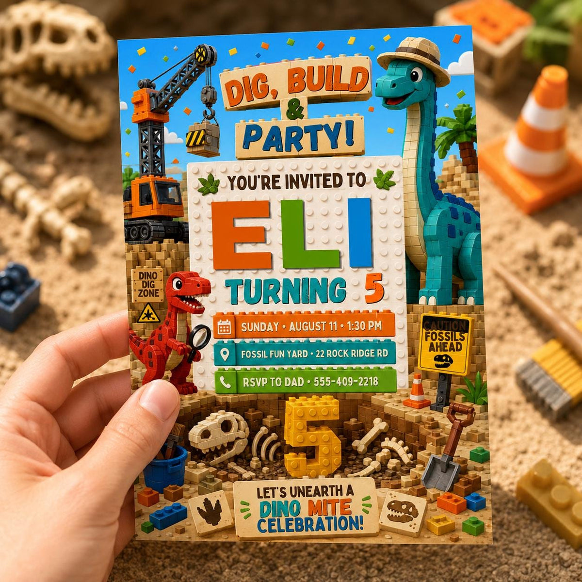 Dino Dig Building Block 5th Birthday Invitation — building blocks and dinosaur design for a 5th birthday party