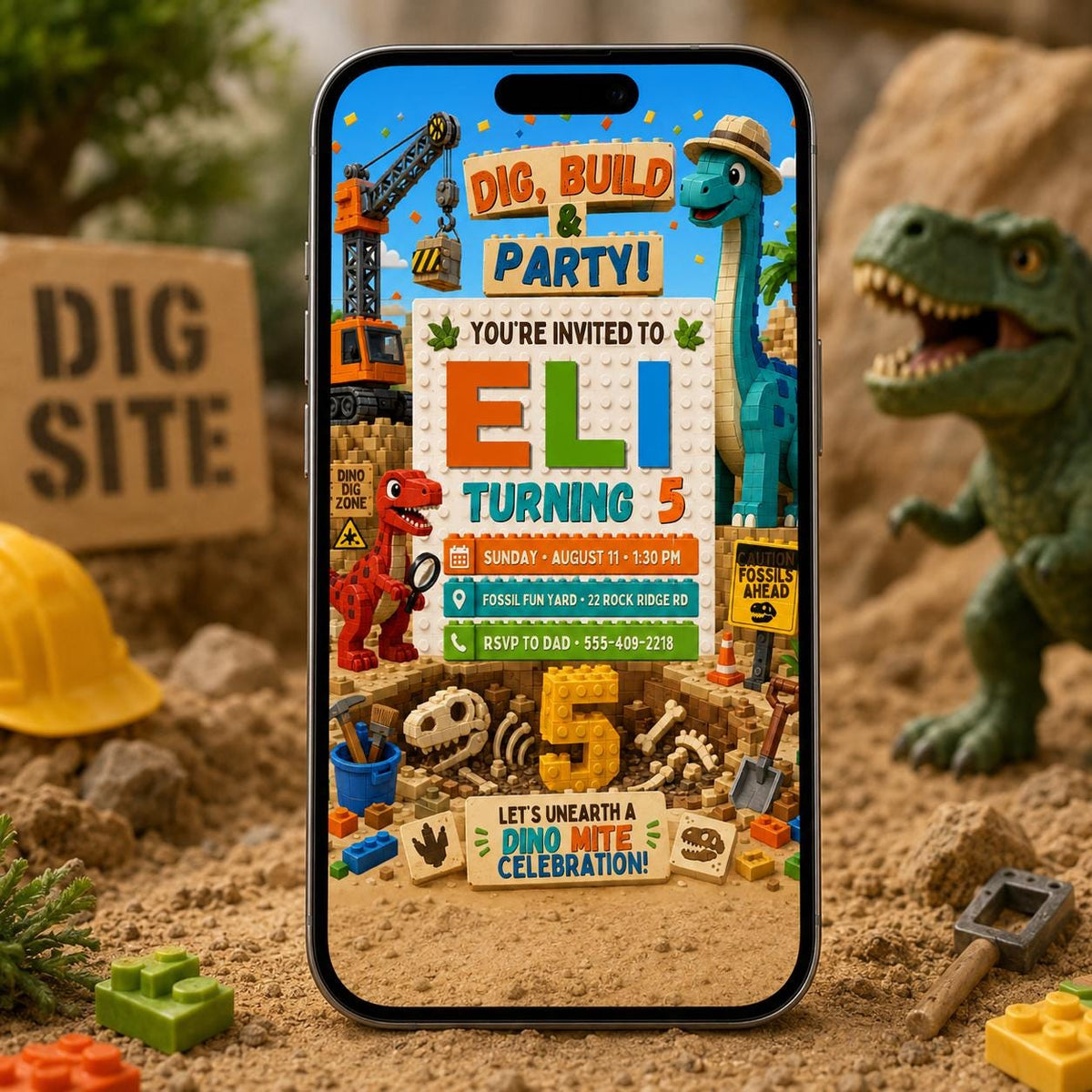 Dino Dig Building Block 5th Birthday Invitation — editable Canva template for a 5th birthday party