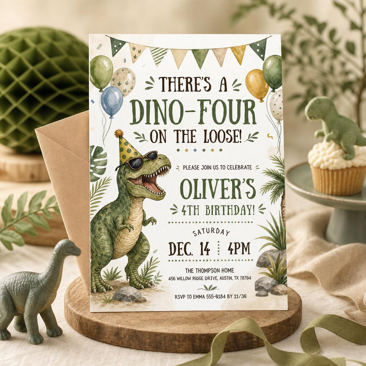 Dino-Four 4th Birthday Invitation with Party Dinosaur — invitation you personalize in Canva