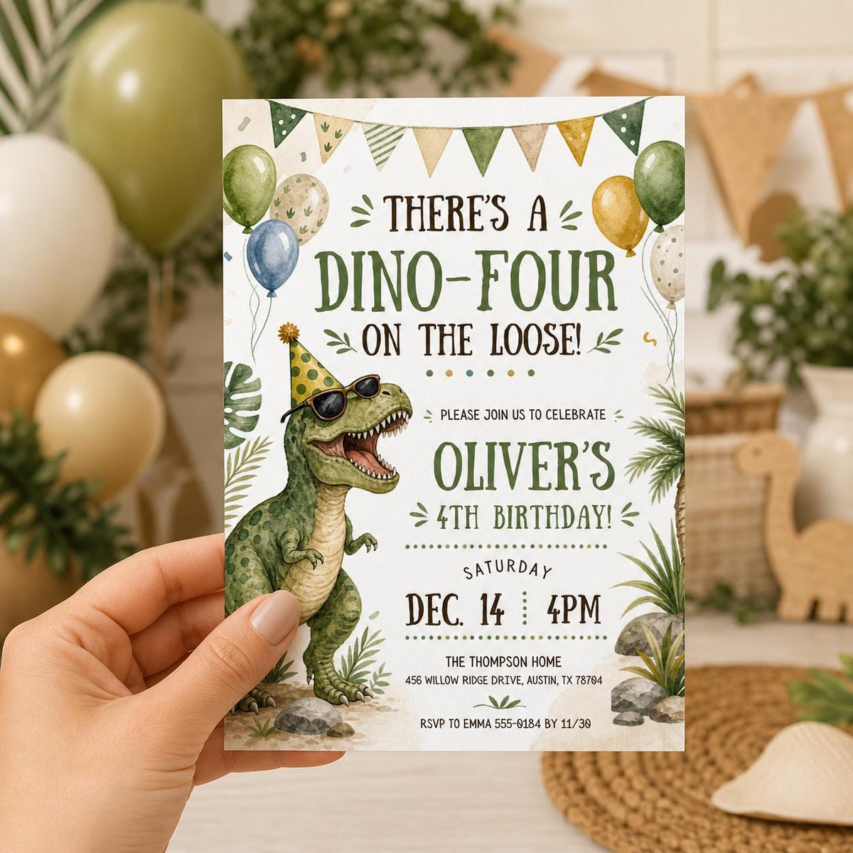 Dino-Four 4th Birthday Invitation with Party Dinosaur — balloon artwork in cream and green