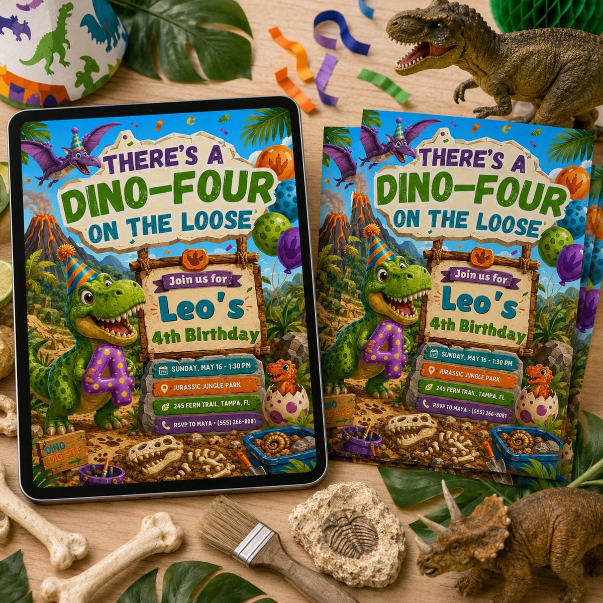 Dino-Four on the Loose Birthday Invitation in green and orange