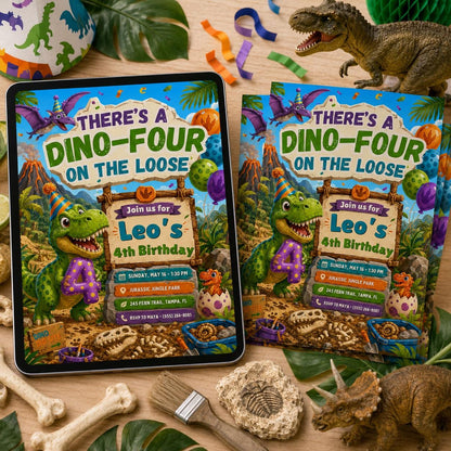 Dino-Four on the Loose Birthday Invitation in green and orange
