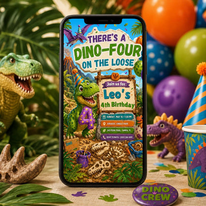 Dino-Four on the Loose Birthday Invitation — dinosaur and safari design