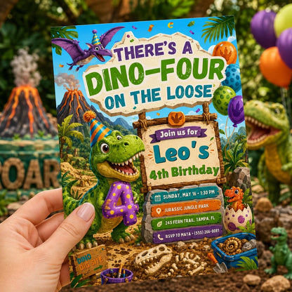 Dino-Four on the Loose Birthday Invitation — invitation you personalize in Canva
