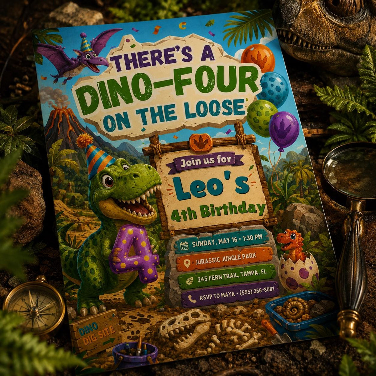 Dino-Four on the Loose Birthday Invitation — dinosaur and safari artwork in green and orange