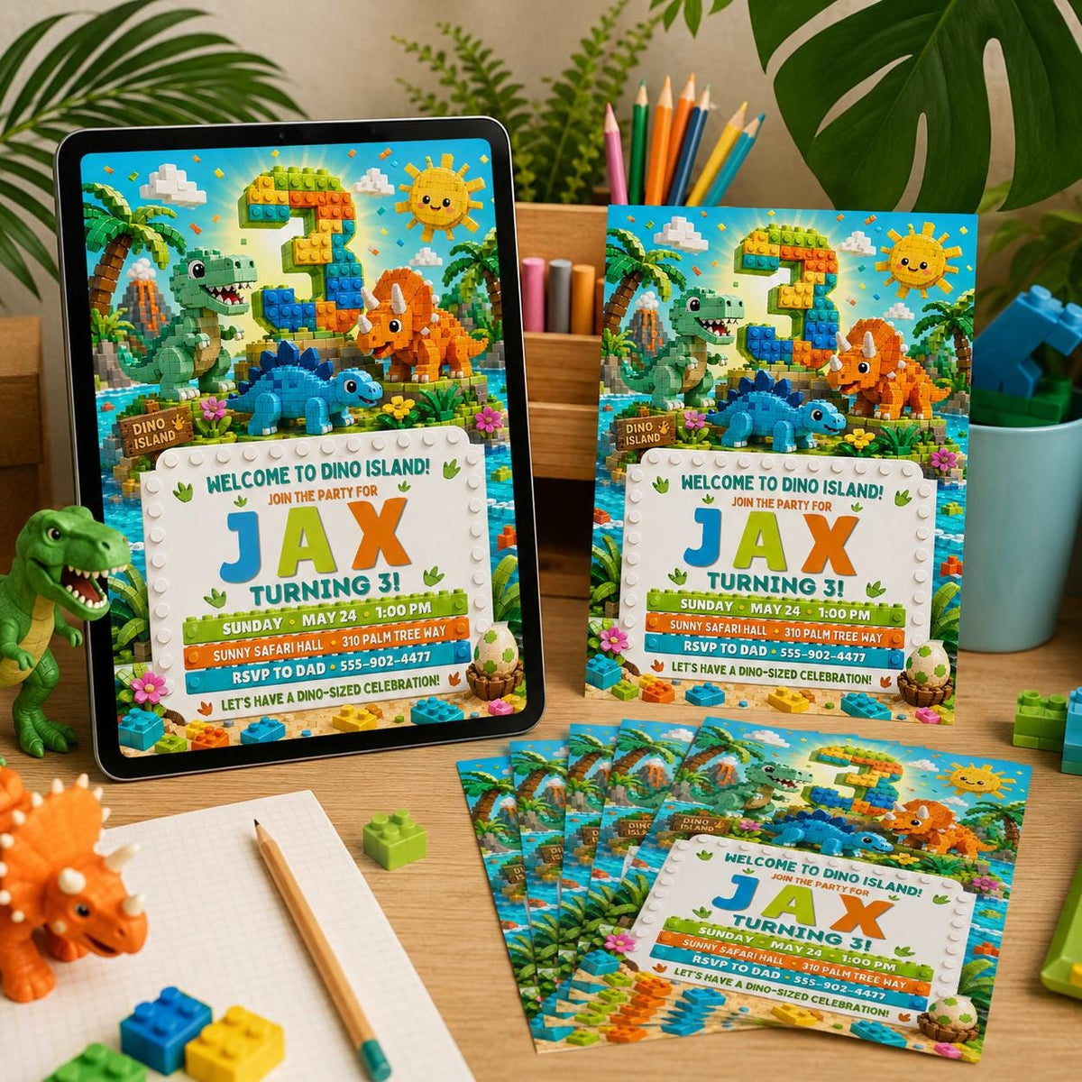Dino Island Building Block 3rd Birthday Invitation — building blocks and dinosaur design for a 3rd birthday party