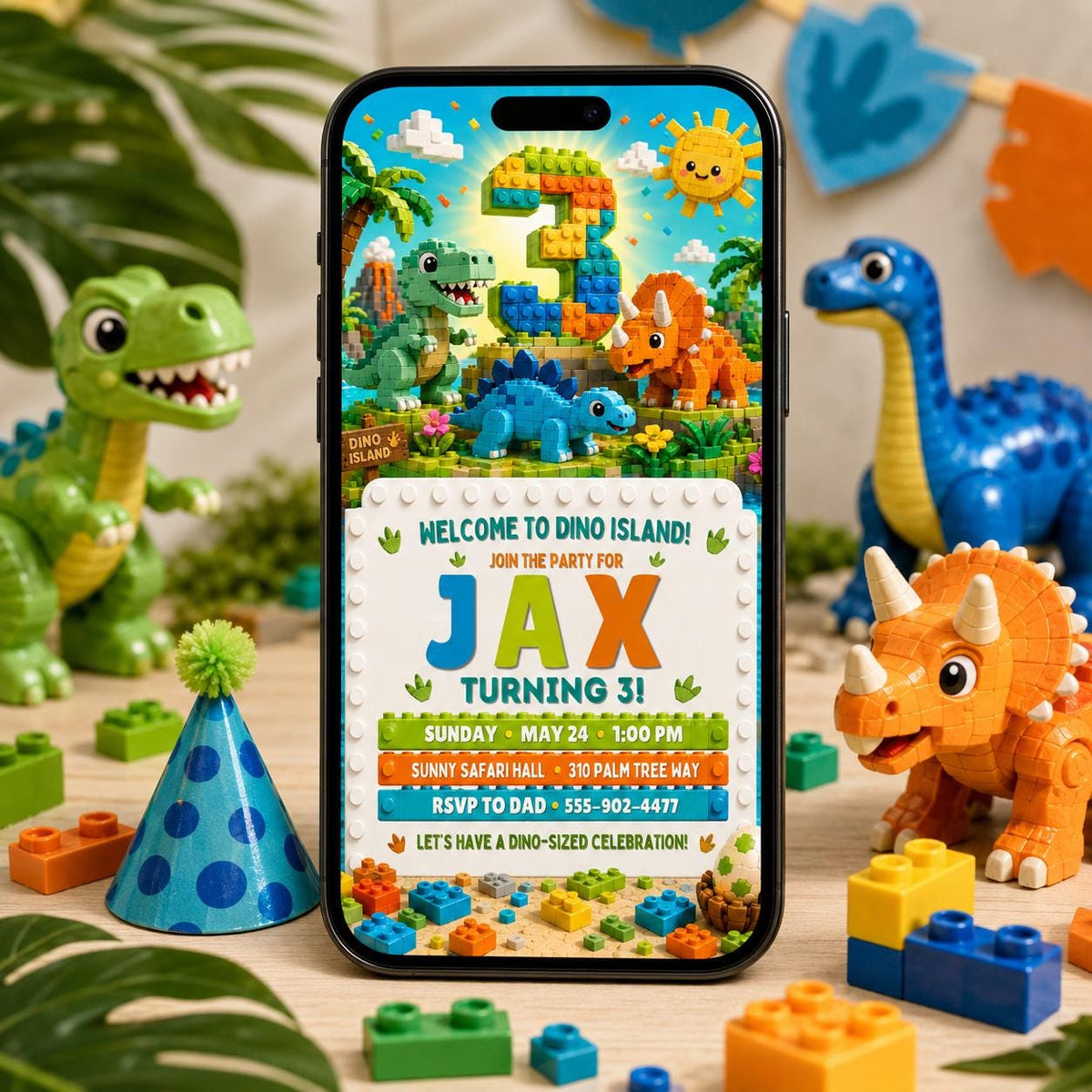 Dino Island Building Block 3rd Birthday Invitation in green and blue