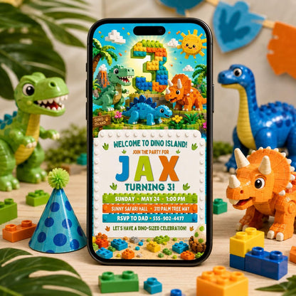 Dino Island Building Block 3rd Birthday Invitation in green and blue