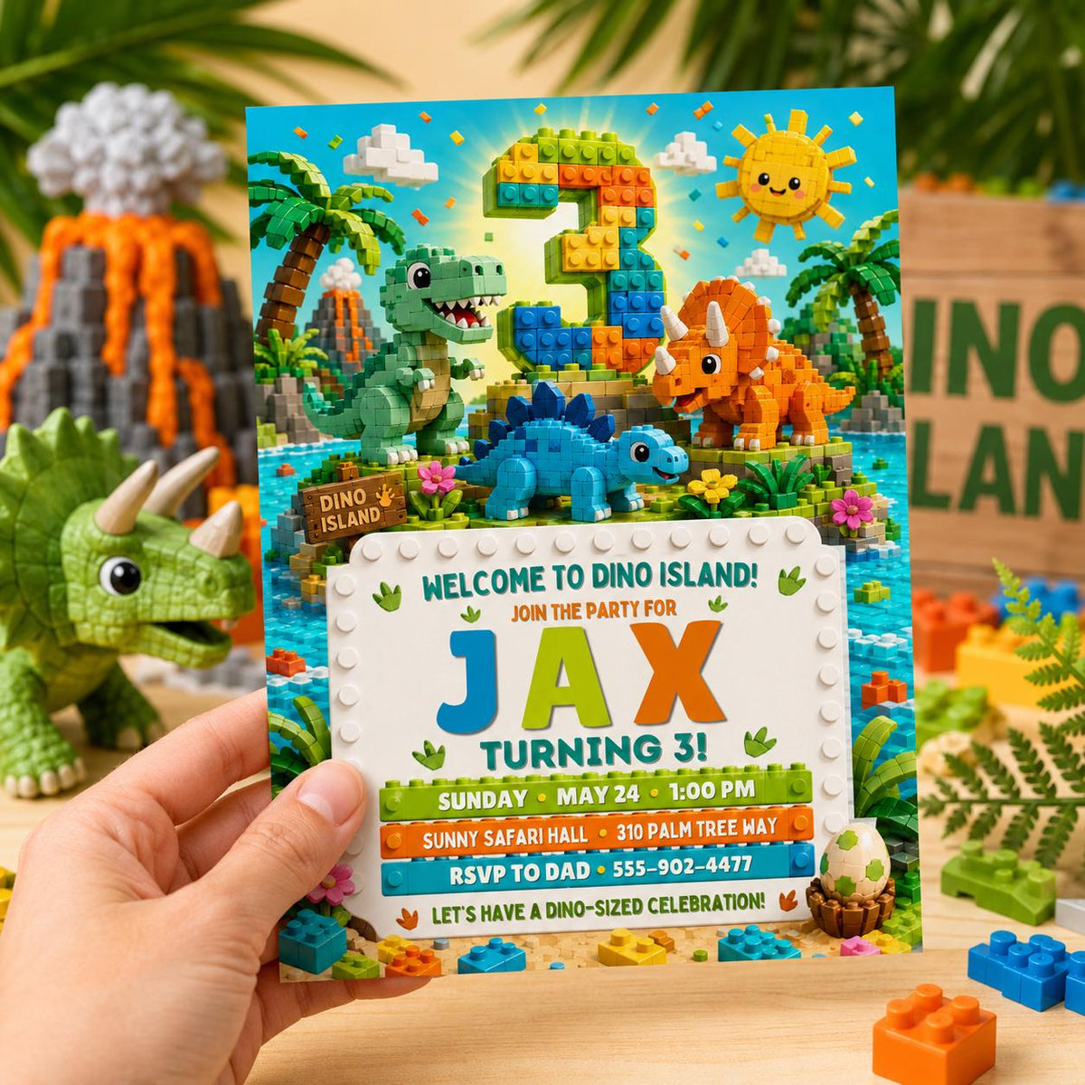 Dino Island Building Block 3rd Birthday Invitation — editable Canva template for a 3rd birthday party