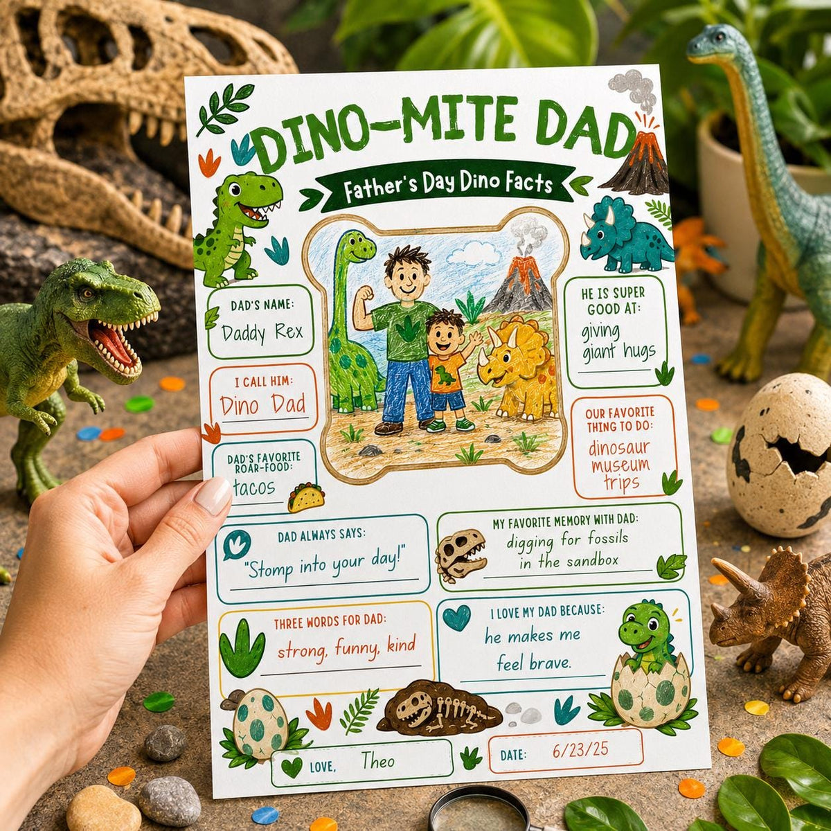 Dino-Mite Dad Father's Day Interview Worksheet in cream and green