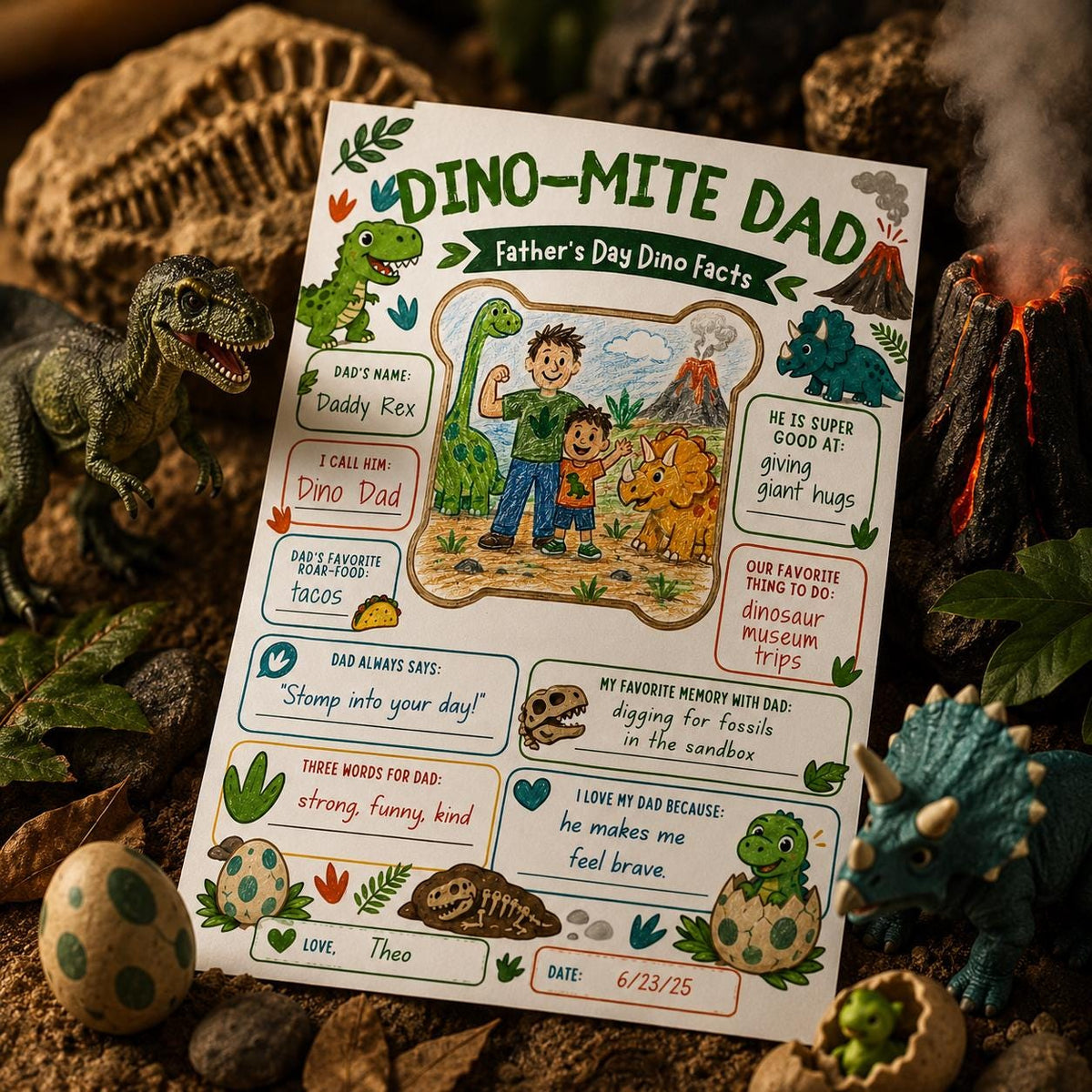 Dino-Mite Dad Father's Day Interview Worksheet — printable worksheet you personalize in Canva