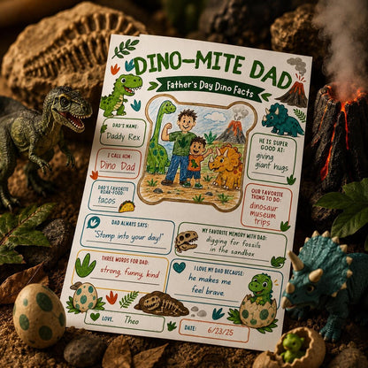 Dino-Mite Dad Father's Day Interview Worksheet — printable worksheet you personalize in Canva