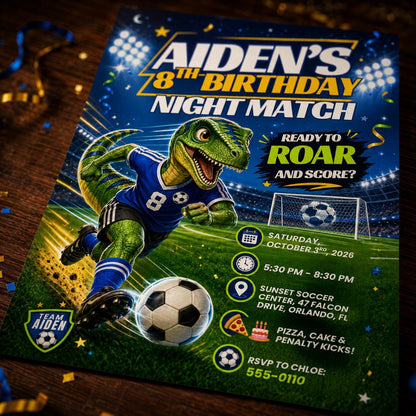 Dino Soccer 8th Birthday Invitation — dinosaur design