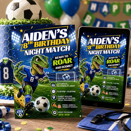 Dino Soccer 8th Birthday Invitation — invitation you personalize in Canva