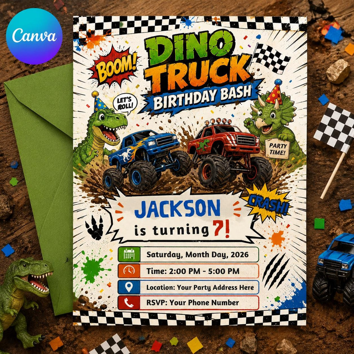 Dino Truck Birthday Bash 7th Birthday Invitation — editable Canva template
