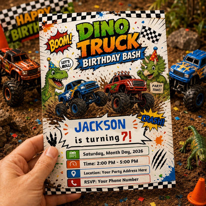Dino Truck Birthday Bash 7th Birthday Invitation in blue and green