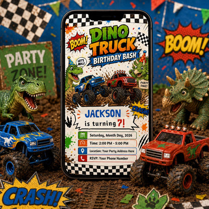 Dino Truck Birthday Bash 7th Birthday Invitation — dinosaur and monster design