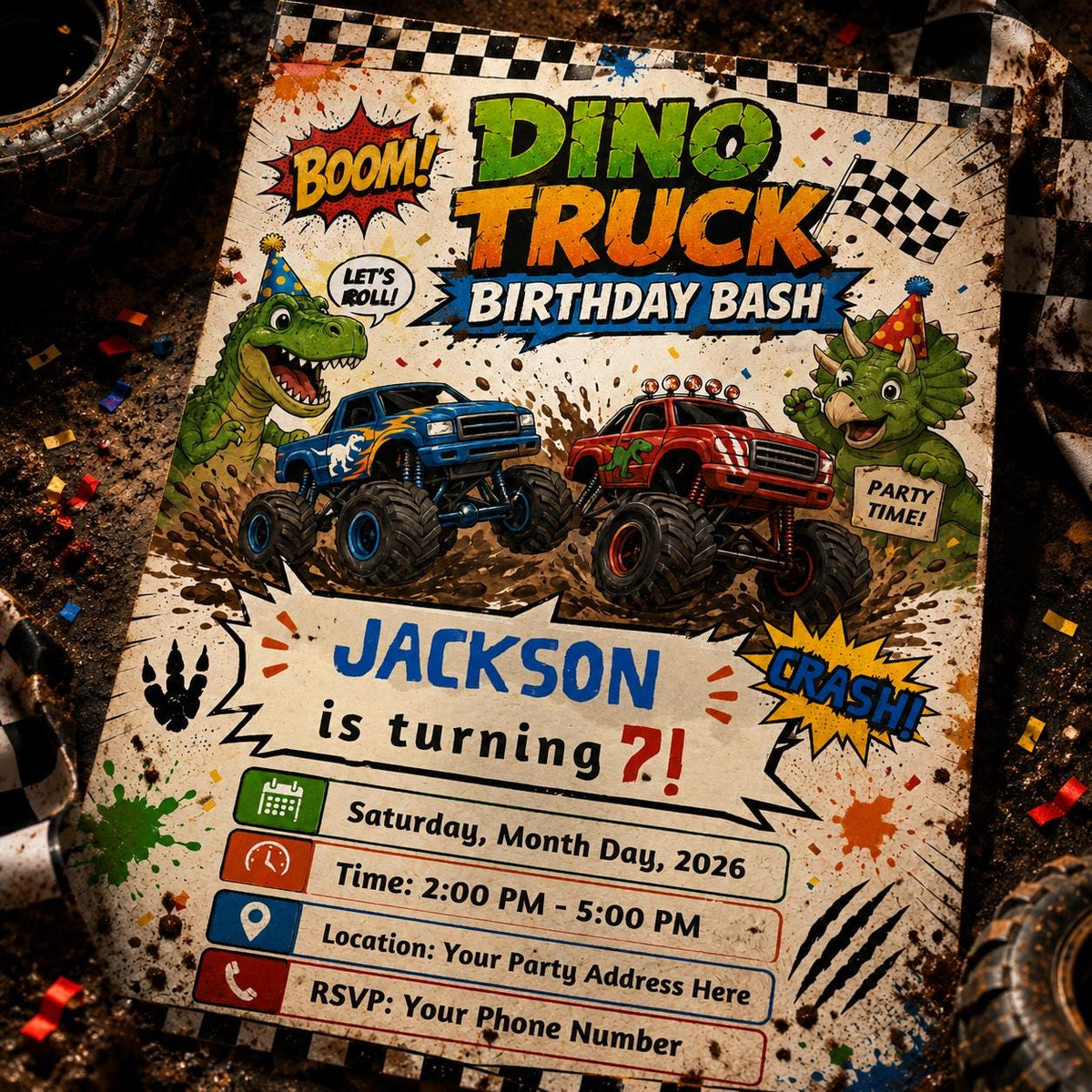 Dino Truck Birthday Bash 7th Birthday Invitation — invitation you personalize in Canva