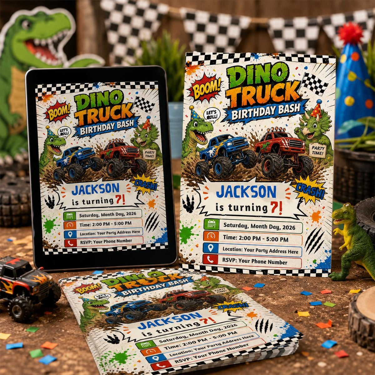 Dino Truck Birthday Bash 7th Birthday Invitation — checkered 7th birthday party design