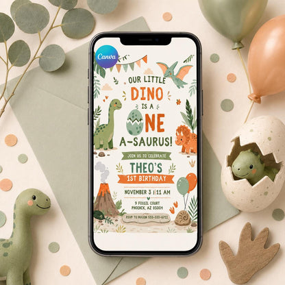 Dinosaur 1st Birthday Invitation: One Saurus Dinosaur 1st Birthday — digital invitation, instant download