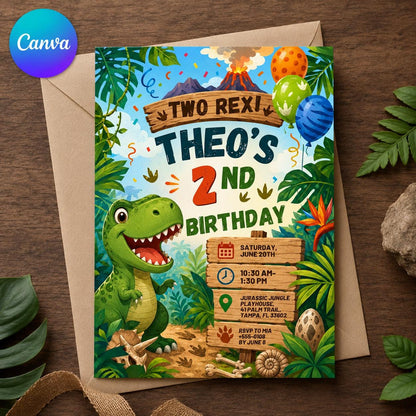 Dinosaur 2nd Birthday Invitation: Two Rex Jungle Party — editable Canva template