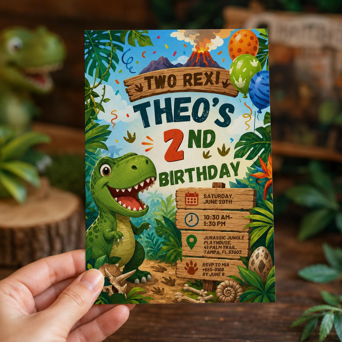 Dinosaur 2nd Birthday Invitation: Two Rex Jungle Party — safari design