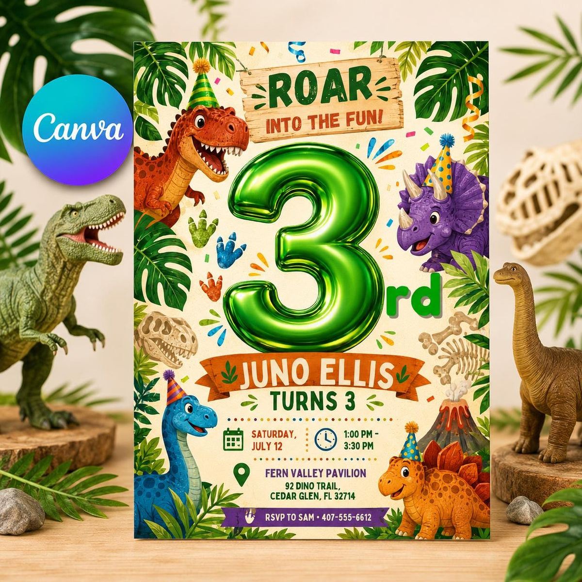 Dinosaur 3rd Birthday Invitation: Three Rex 3rd Birthday — editable Canva template